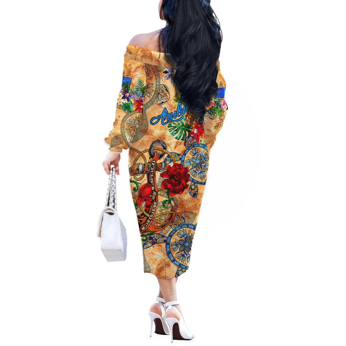 Aruba Off The Shoulder Long Sleeve Dress Geographic Coordinate Anchor - Turlte Tropical