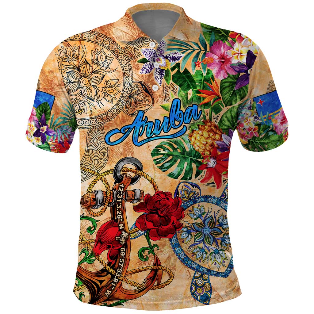 Aruba Polo Shirt Geographic Coordinate Anchor - Turlte Tropical