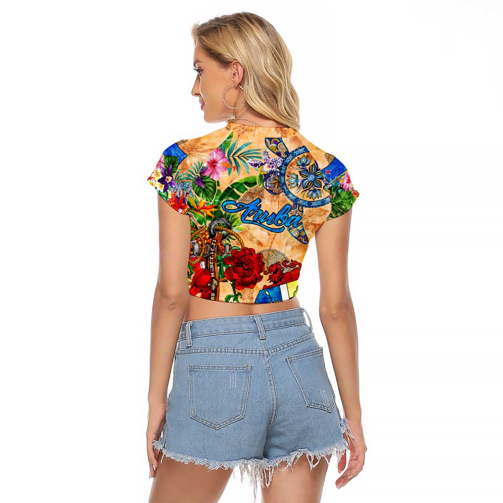 Aruba Raglan Cropped T Shirt Geographic Coordinate Anchor - Turlte Tropical