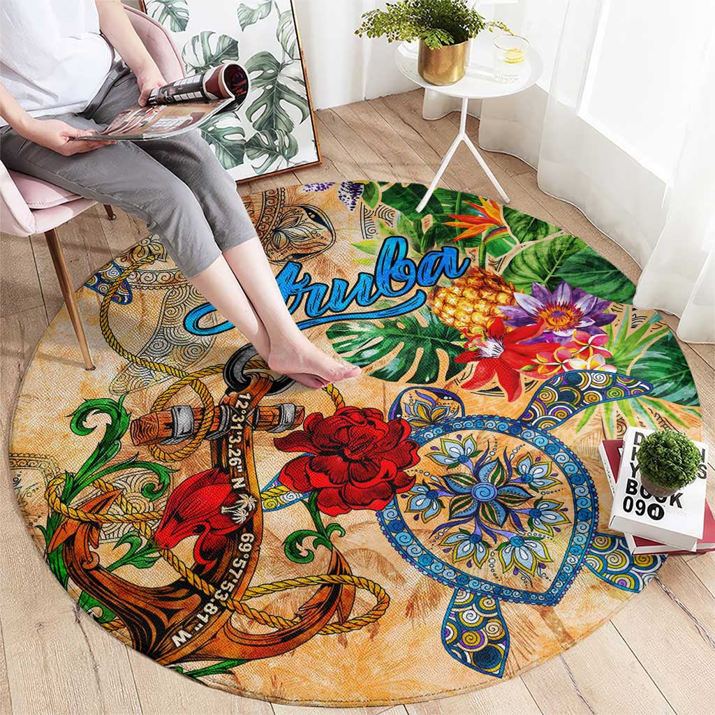 Aruba Round Carpet Geographic Coordinate Anchor - Turlte Tropical
