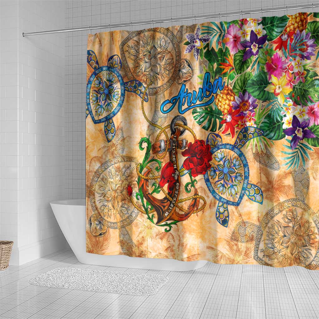 Aruba Shower Curtain Geographic Coordinate Anchor - Turlte Tropical