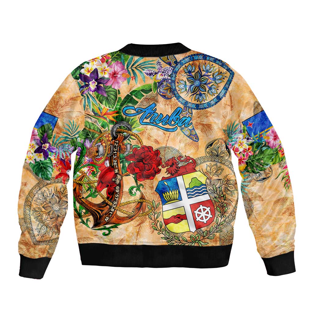 Aruba Sleeve Zip Bomber Jacket Geographic Coordinate Anchor - Turlte Tropical