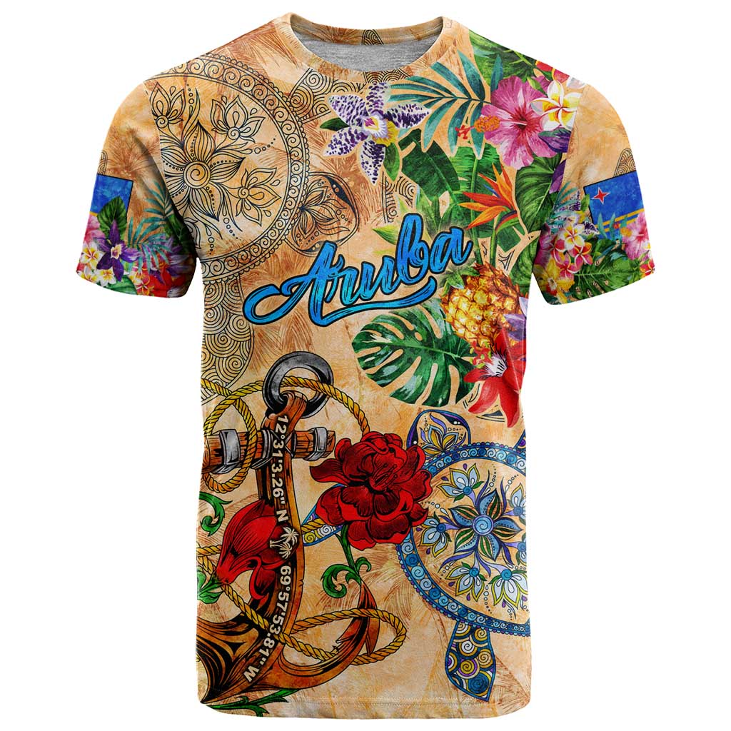 Aruba T Shirt Geographic Coordinate Anchor - Turlte Tropical