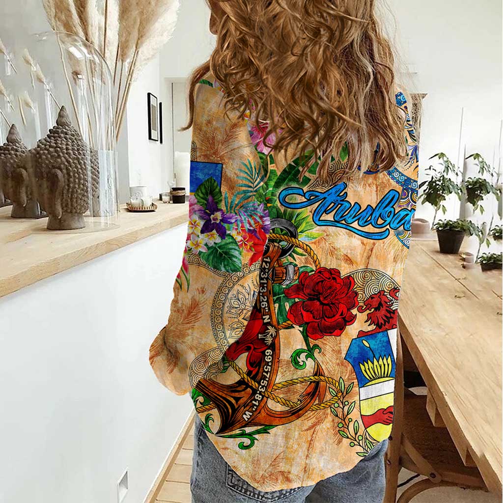 Aruba Women Casual Shirt Geographic Coordinate Anchor - Turlte Tropical