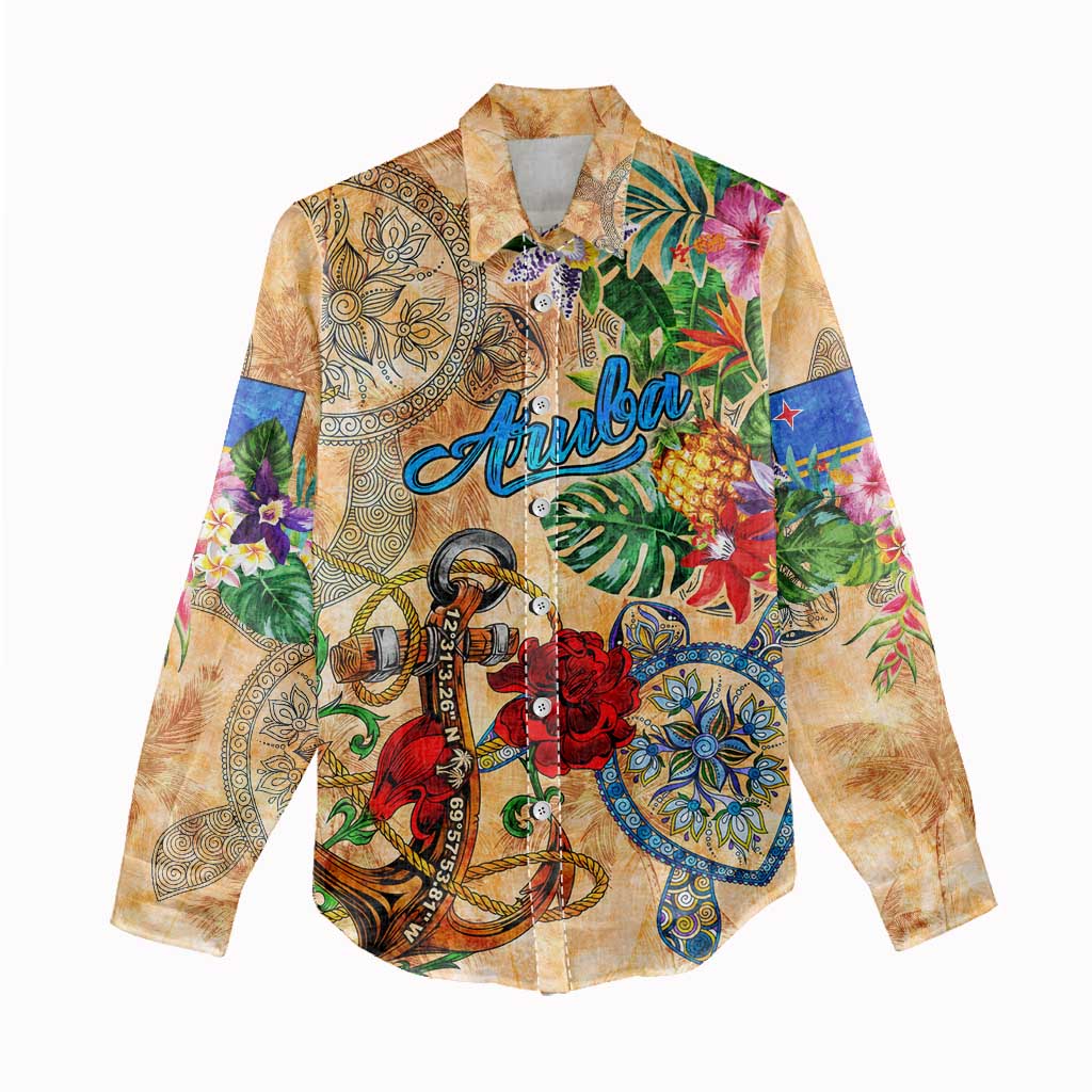 Aruba Women Casual Shirt Geographic Coordinate Anchor - Turlte Tropical