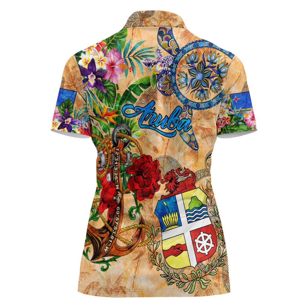 Aruba Women Polo Shirt Geographic Coordinate Anchor - Turlte Tropical