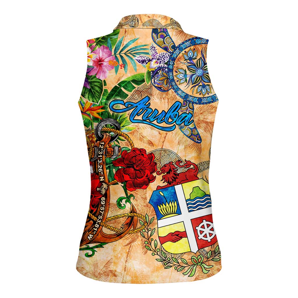 Aruba Women Sleeveless Polo Shirt Geographic Coordinate Anchor - Turlte Tropical