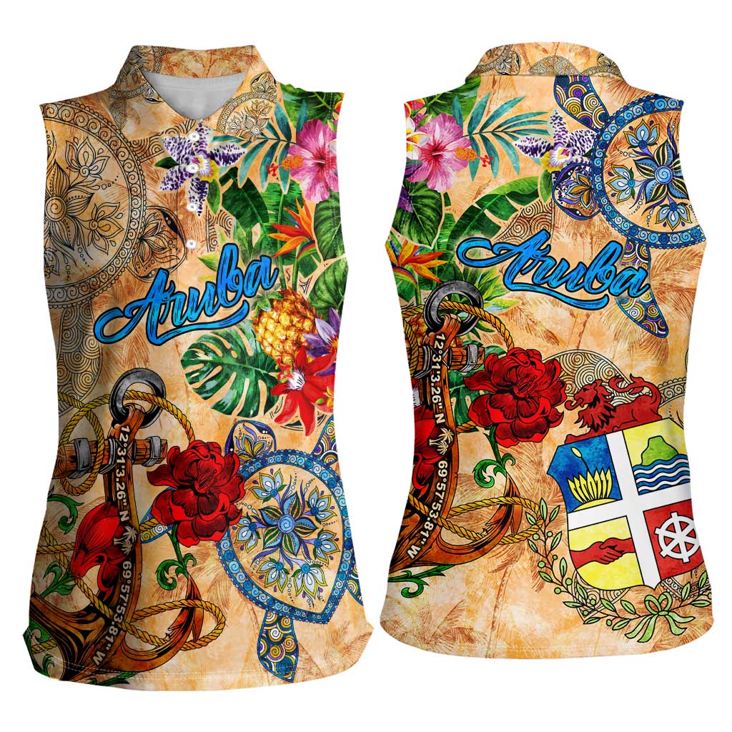 Aruba Women Sleeveless Polo Shirt Geographic Coordinate Anchor - Turlte Tropical
