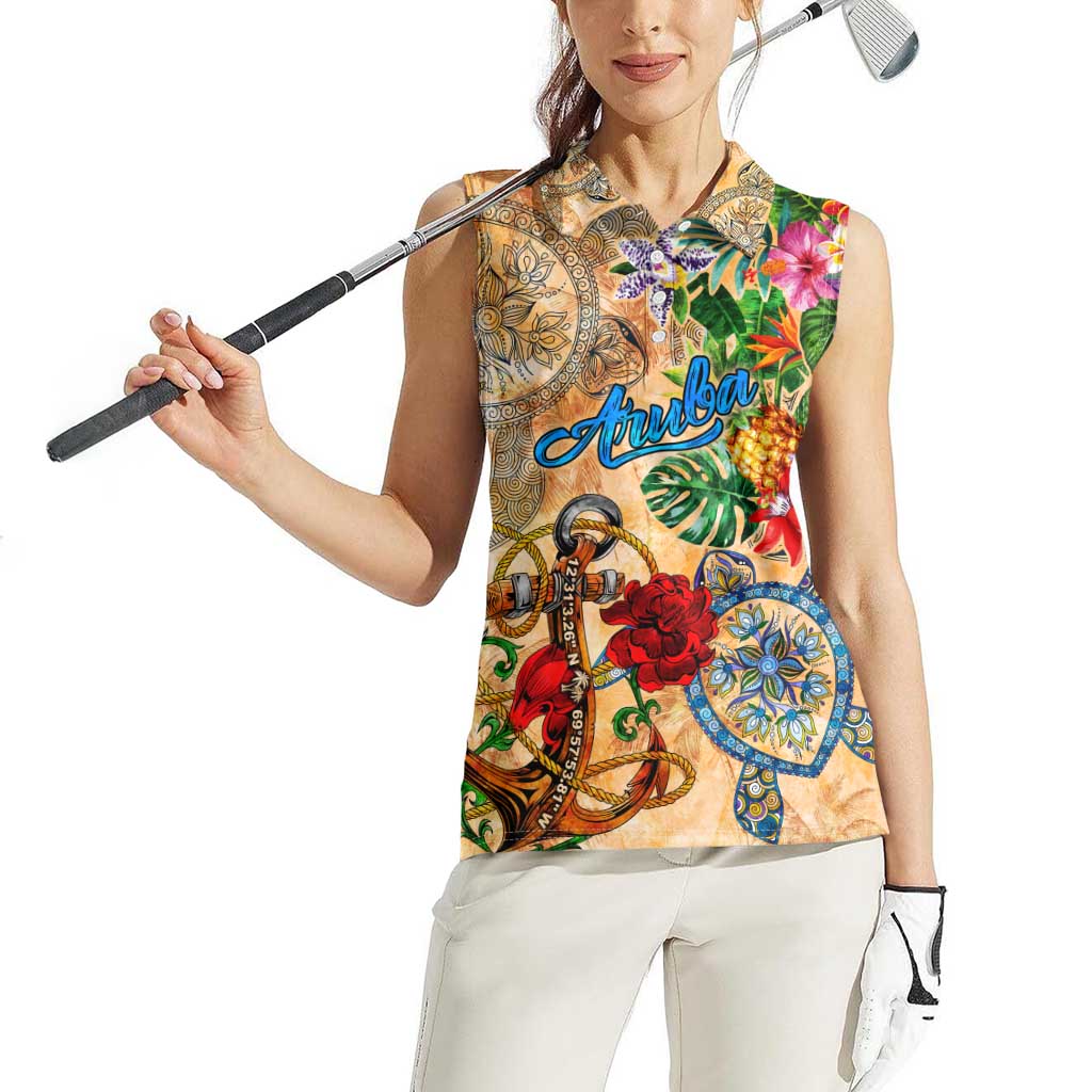 Aruba Women Sleeveless Polo Shirt Geographic Coordinate Anchor - Turlte Tropical