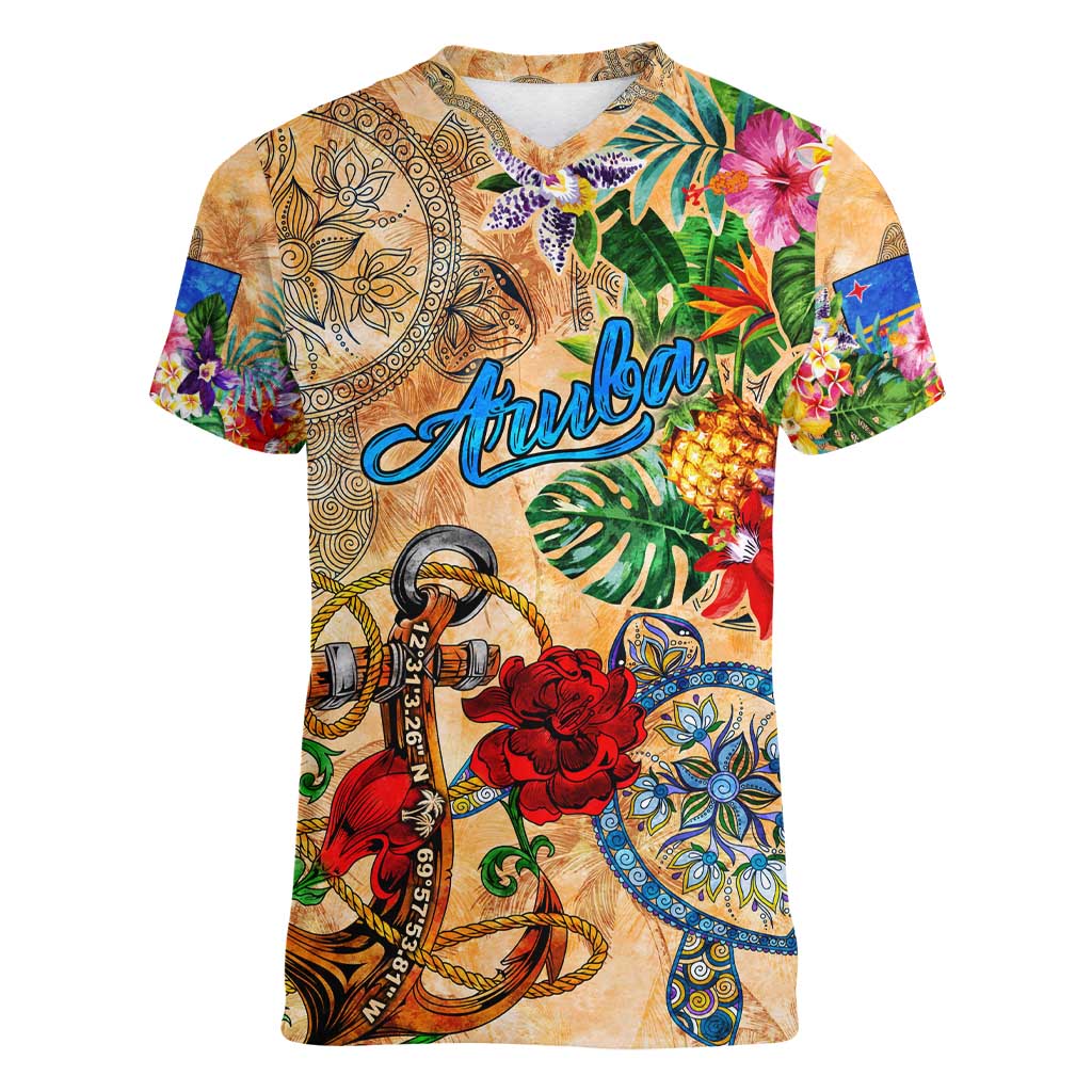 Aruba Women V-Neck T-Shirt Geographic Coordinate Anchor - Turlte Tropical