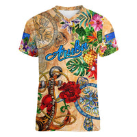 Aruba Women V-Neck T-Shirt Geographic Coordinate Anchor - Turlte Tropical