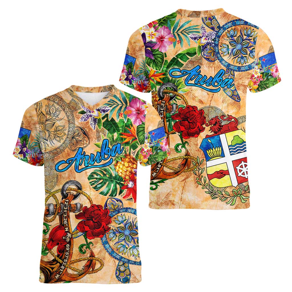 Aruba Women V-Neck T-Shirt Geographic Coordinate Anchor - Turlte Tropical