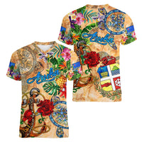 Aruba Women V-Neck T-Shirt Geographic Coordinate Anchor - Turlte Tropical