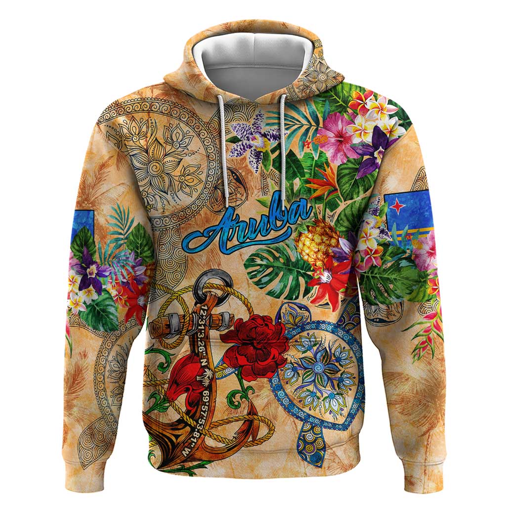 Aruba Zip Hoodie Geographic Coordinate Anchor - Turlte Tropical