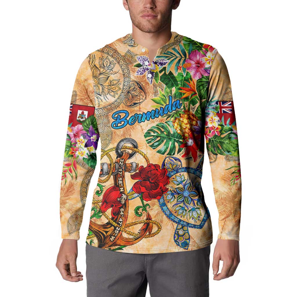 Bermuda Button Sweatshirt Geographic Coordinate Anchor - Turlte Tropical