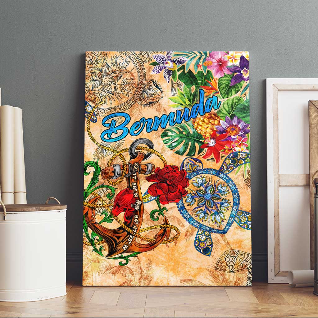 Bermuda Canvas Wall Art Geographic Coordinate Anchor - Turlte Tropical