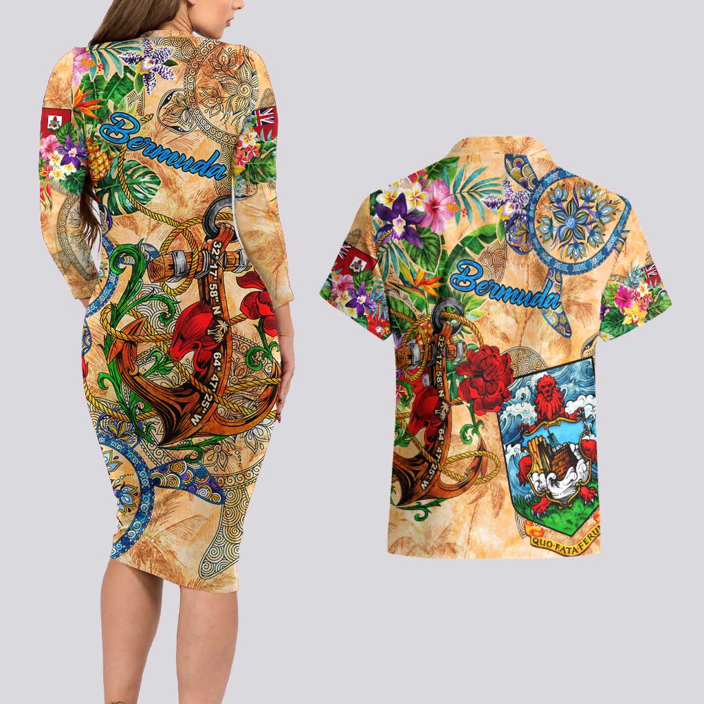 Bermuda Couples Matching Long Sleeve Bodycon Dress and Hawaiian Shirt Geographic Coordinate Anchor - Turlte Tropical
