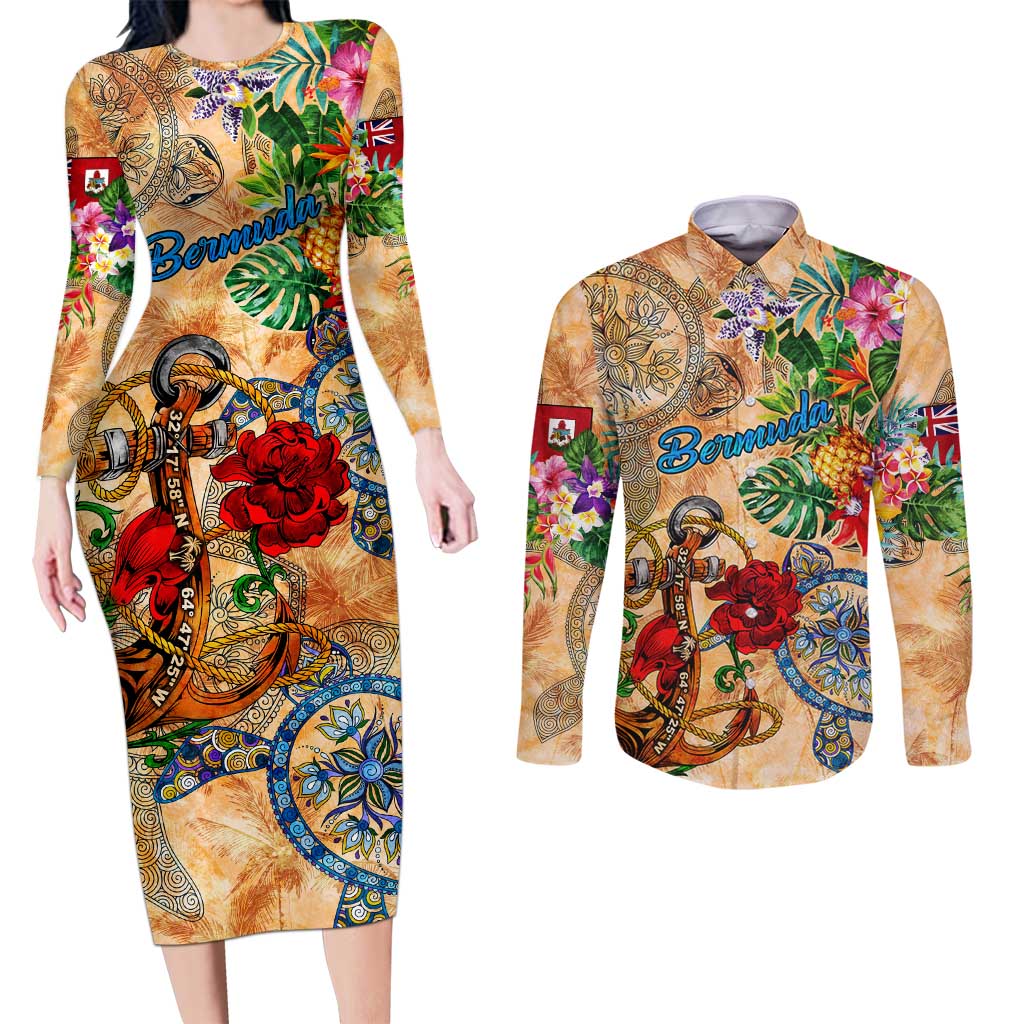 Bermuda Couples Matching Long Sleeve Bodycon Dress and Long Sleeve Button Shirt Geographic Coordinate Anchor - Turlte Tropical
