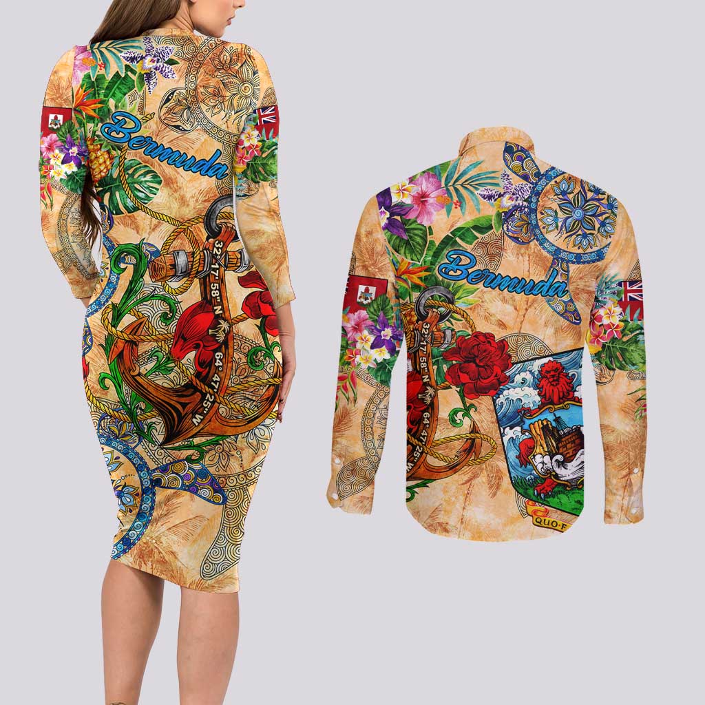 Bermuda Couples Matching Long Sleeve Bodycon Dress and Long Sleeve Button Shirt Geographic Coordinate Anchor - Turlte Tropical