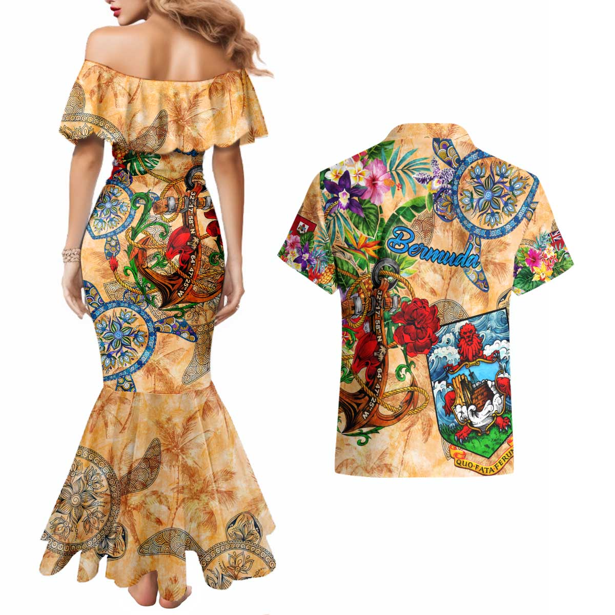 Bermuda Couples Matching Mermaid Dress and Hawaiian Shirt Geographic Coordinate Anchor - Turlte Tropical