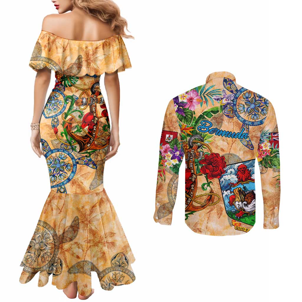 Bermuda Couples Matching Mermaid Dress and Long Sleeve Button Shirt Geographic Coordinate Anchor - Turlte Tropical