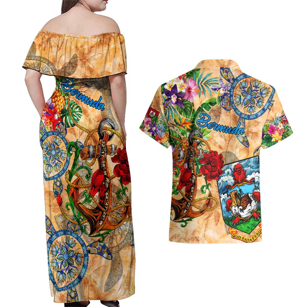 Bermuda Couples Matching Off Shoulder Maxi Dress and Hawaiian Shirt Geographic Coordinate Anchor - Turlte Tropical