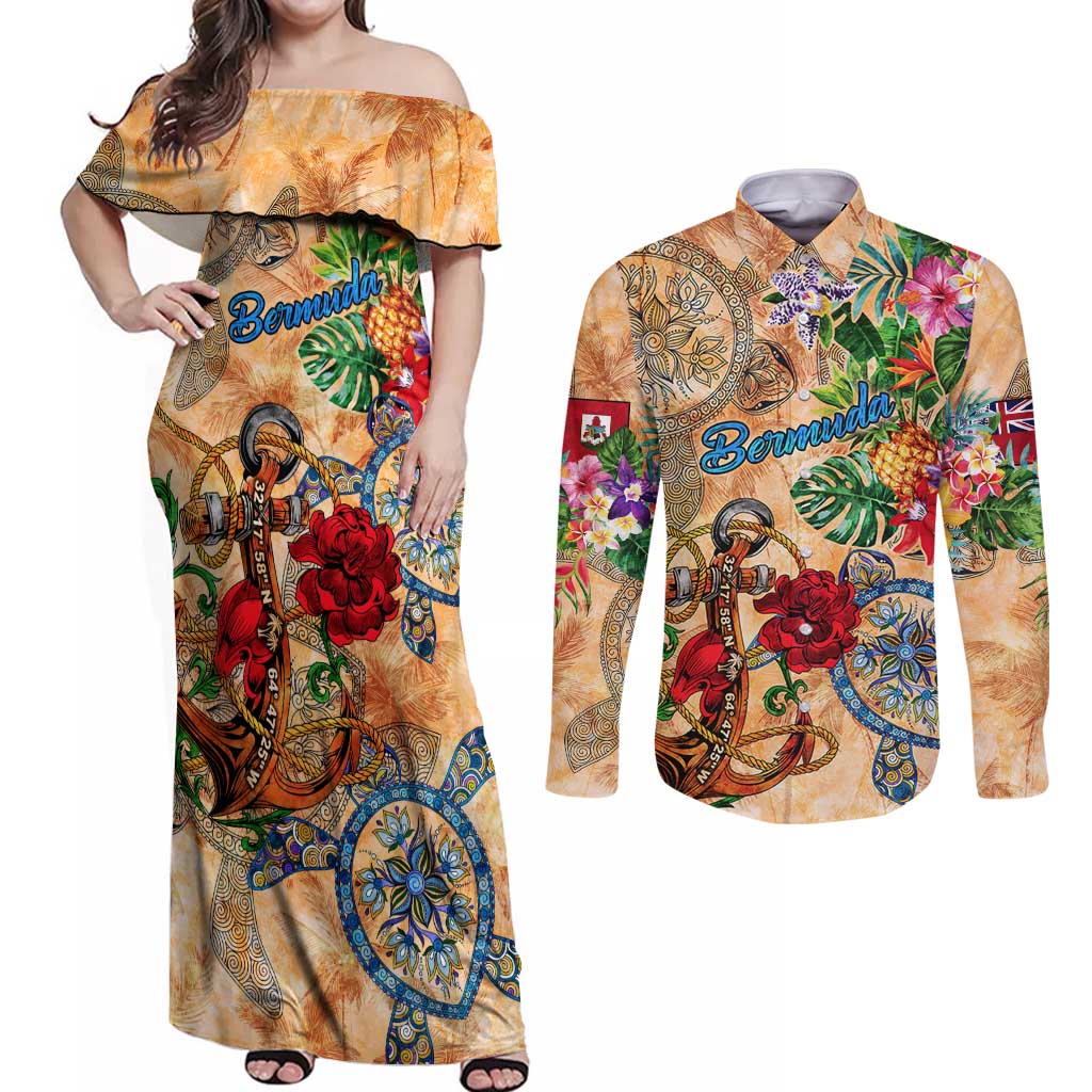 Bermuda Couples Matching Off Shoulder Maxi Dress and Long Sleeve Button Shirt Geographic Coordinate Anchor - Turlte Tropical