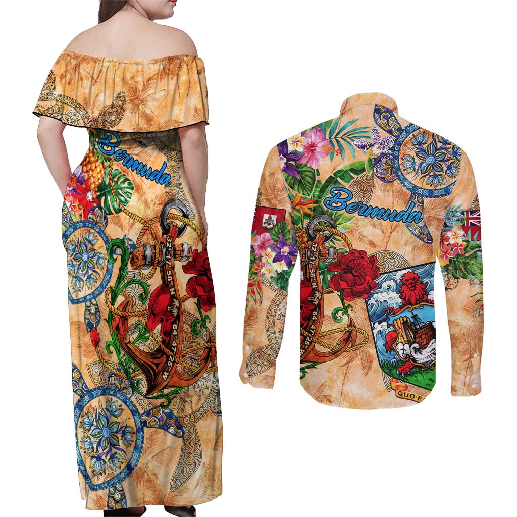 Bermuda Couples Matching Off Shoulder Maxi Dress and Long Sleeve Button Shirt Geographic Coordinate Anchor - Turlte Tropical