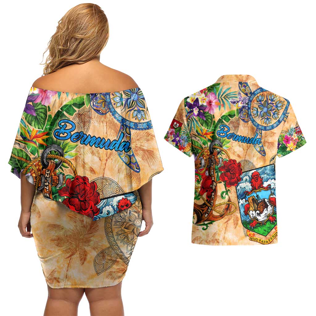 Bermuda Couples Matching Off Shoulder Short Dress and Hawaiian Shirt Geographic Coordinate Anchor - Turlte Tropical