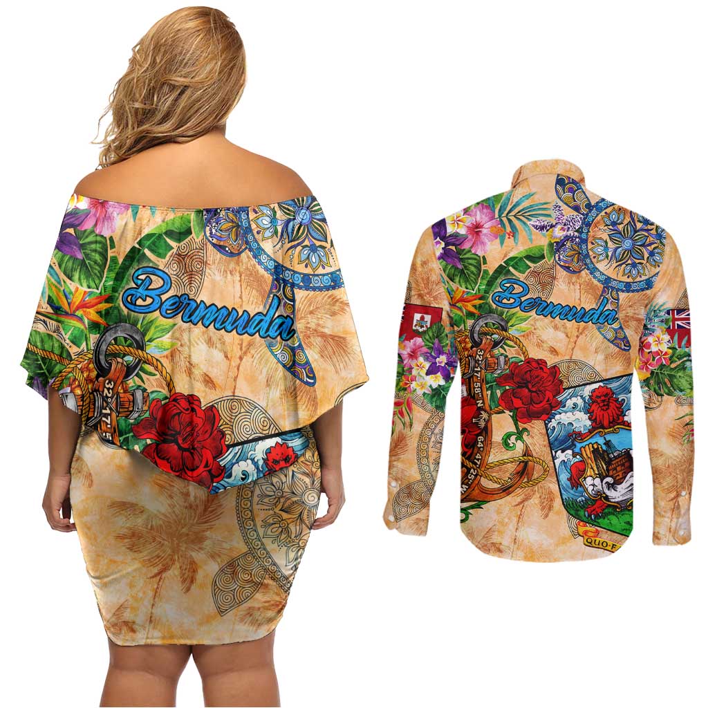 Bermuda Couples Matching Off Shoulder Short Dress and Long Sleeve Button Shirt Geographic Coordinate Anchor - Turlte Tropical