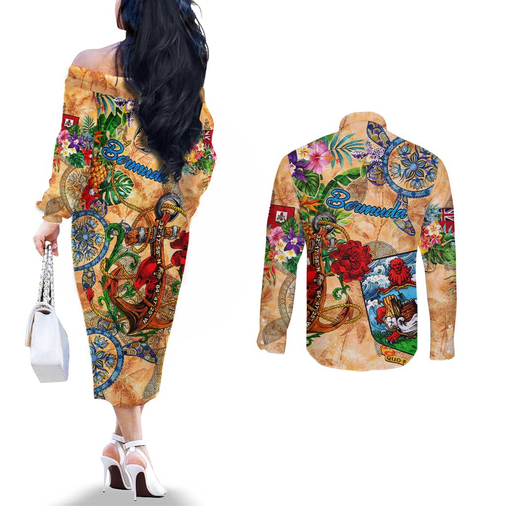 Bermuda Couples Matching Off The Shoulder Long Sleeve Dress and Long Sleeve Button Shirt Geographic Coordinate Anchor - Turlte Tropical
