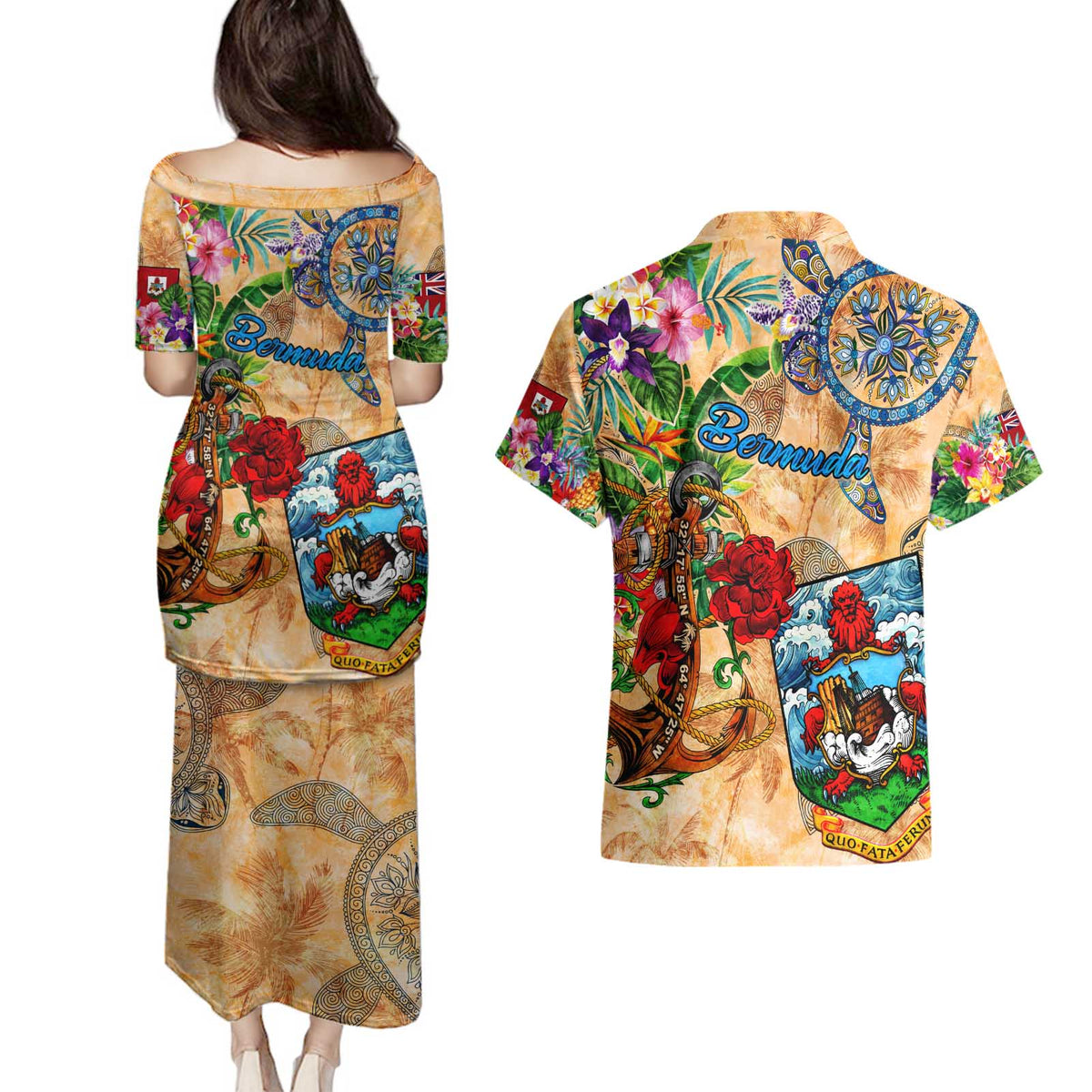 Bermuda Couples Matching Puletasi and Hawaiian Shirt Geographic Coordinate Anchor - Turlte Tropical
