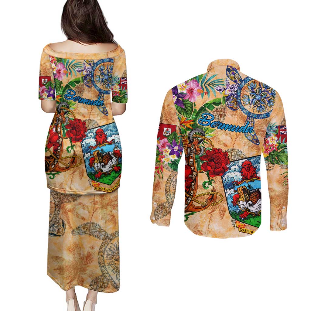Bermuda Couples Matching Puletasi and Long Sleeve Button Shirt Geographic Coordinate Anchor - Turlte Tropical