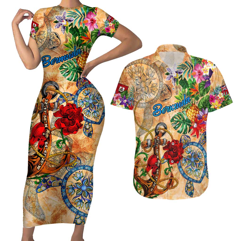 Bermuda Couples Matching Short Sleeve Bodycon Dress and Hawaiian Shirt Geographic Coordinate Anchor - Turlte Tropical