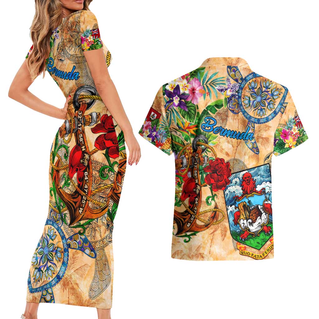 Bermuda Couples Matching Short Sleeve Bodycon Dress and Hawaiian Shirt Geographic Coordinate Anchor - Turlte Tropical