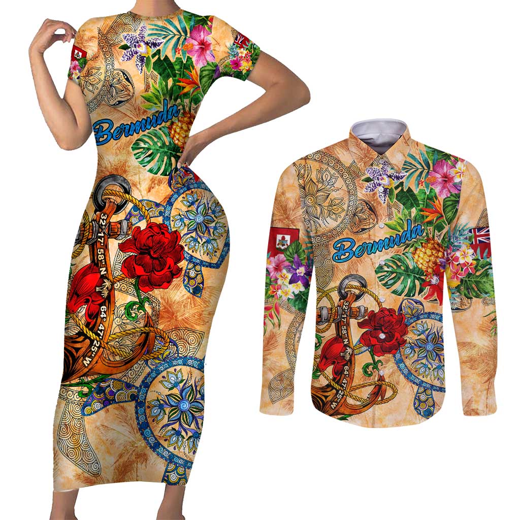 Bermuda Couples Matching Short Sleeve Bodycon Dress and Long Sleeve Button Shirt Geographic Coordinate Anchor - Turlte Tropical
