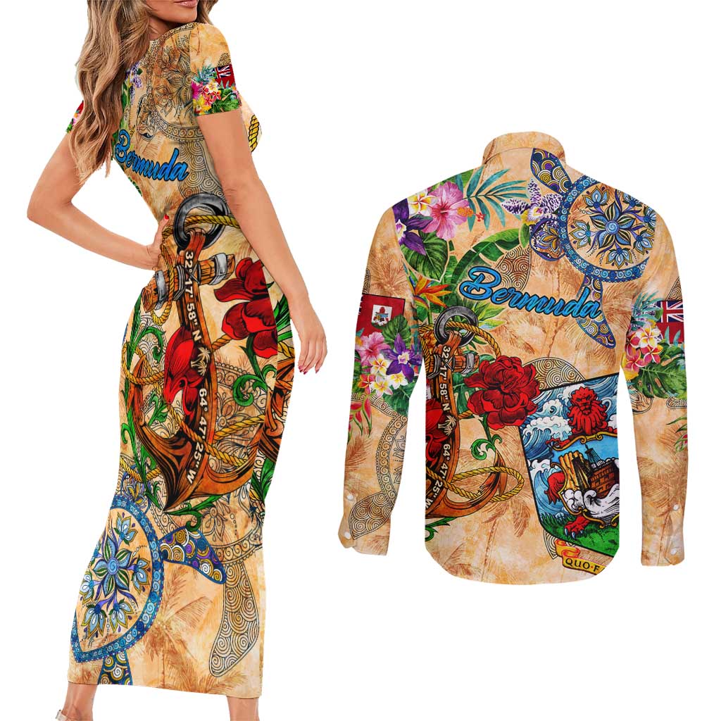 Bermuda Couples Matching Short Sleeve Bodycon Dress and Long Sleeve Button Shirt Geographic Coordinate Anchor - Turlte Tropical