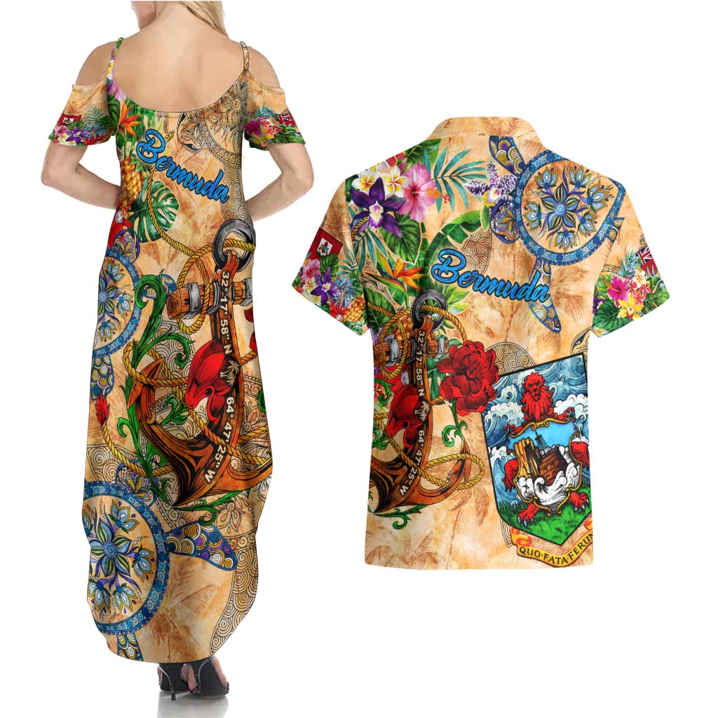 Bermuda Couples Matching Summer Maxi Dress and Hawaiian Shirt Geographic Coordinate Anchor - Turlte Tropical