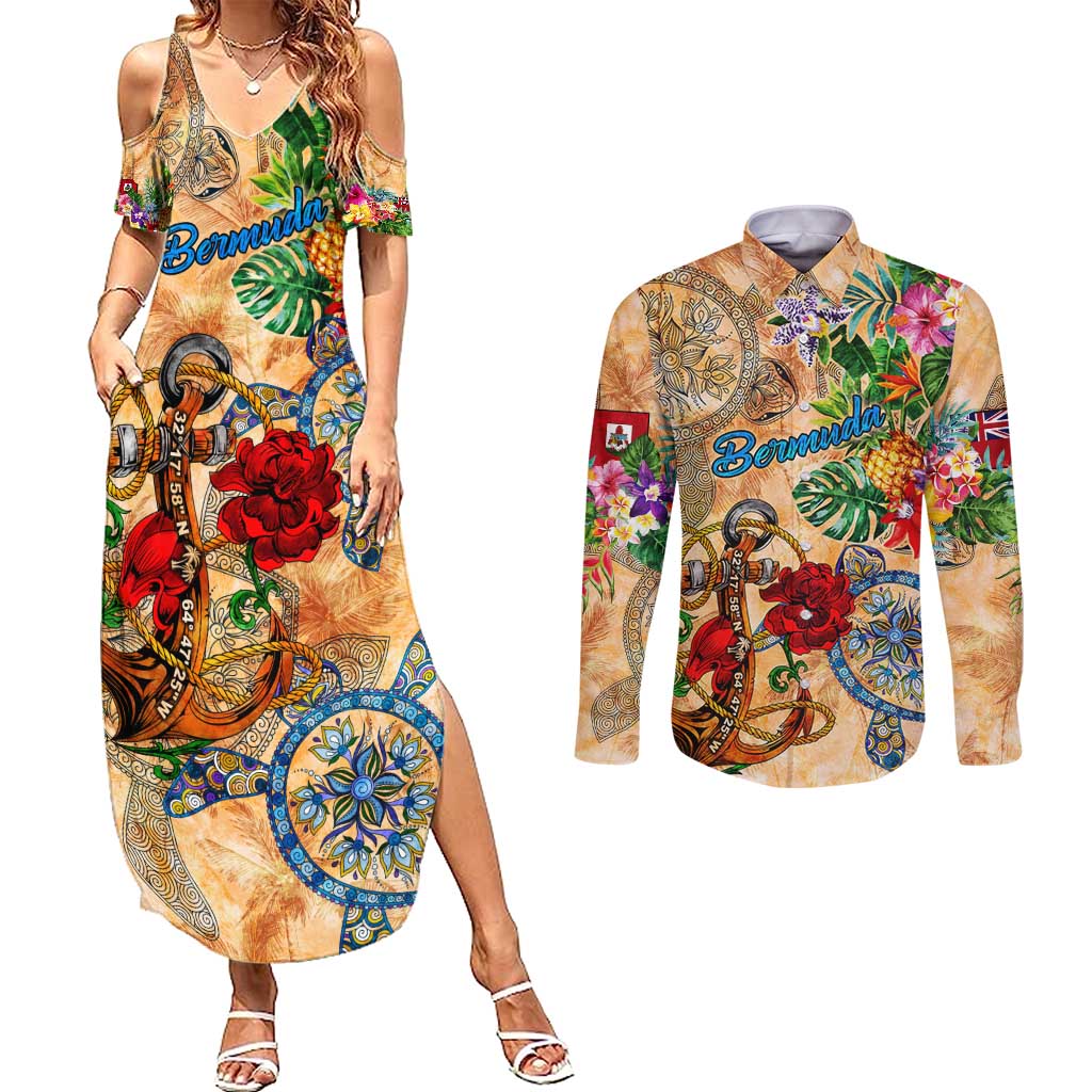 Bermuda Couples Matching Summer Maxi Dress and Long Sleeve Button Shirt Geographic Coordinate Anchor - Turlte Tropical