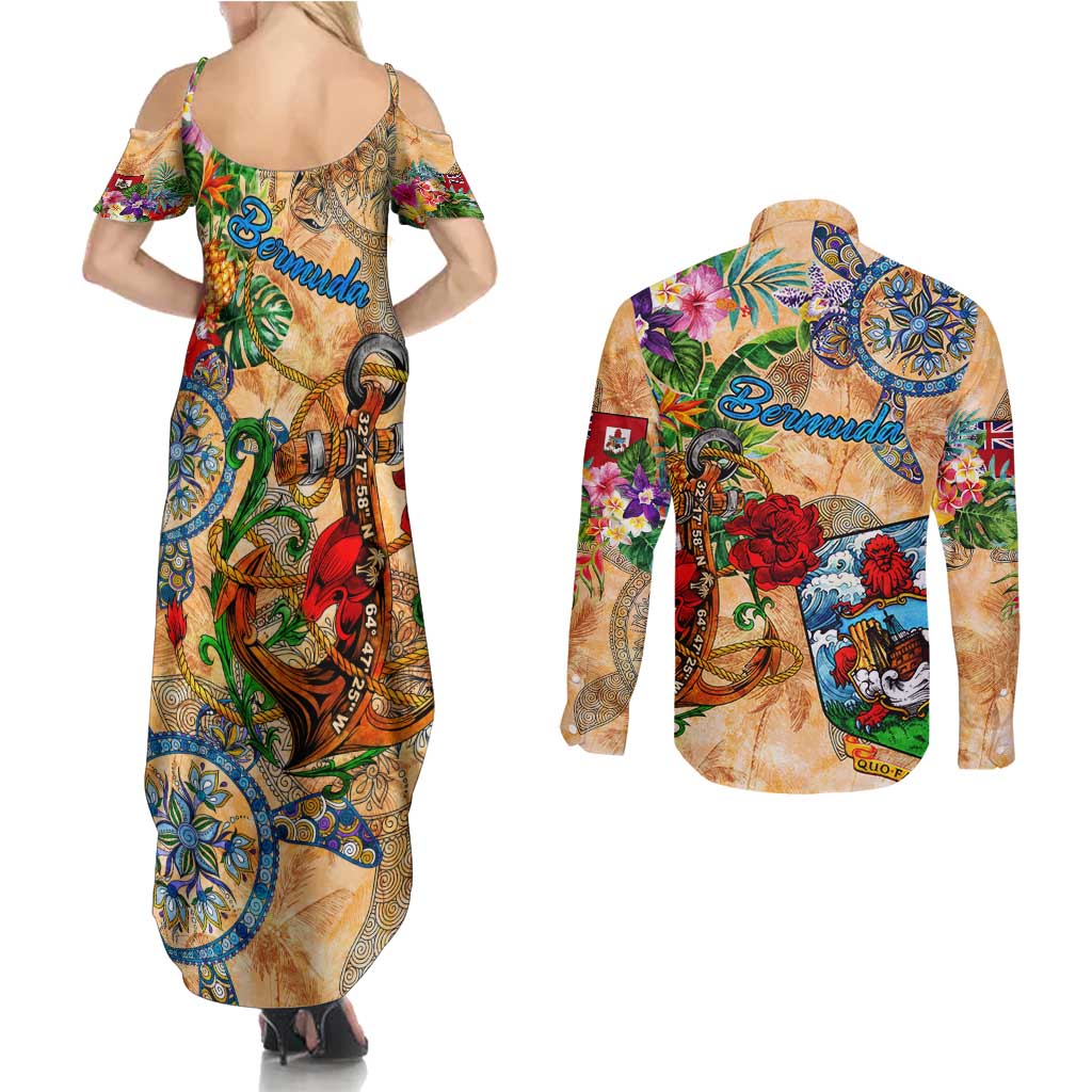Bermuda Couples Matching Summer Maxi Dress and Long Sleeve Button Shirt Geographic Coordinate Anchor - Turlte Tropical