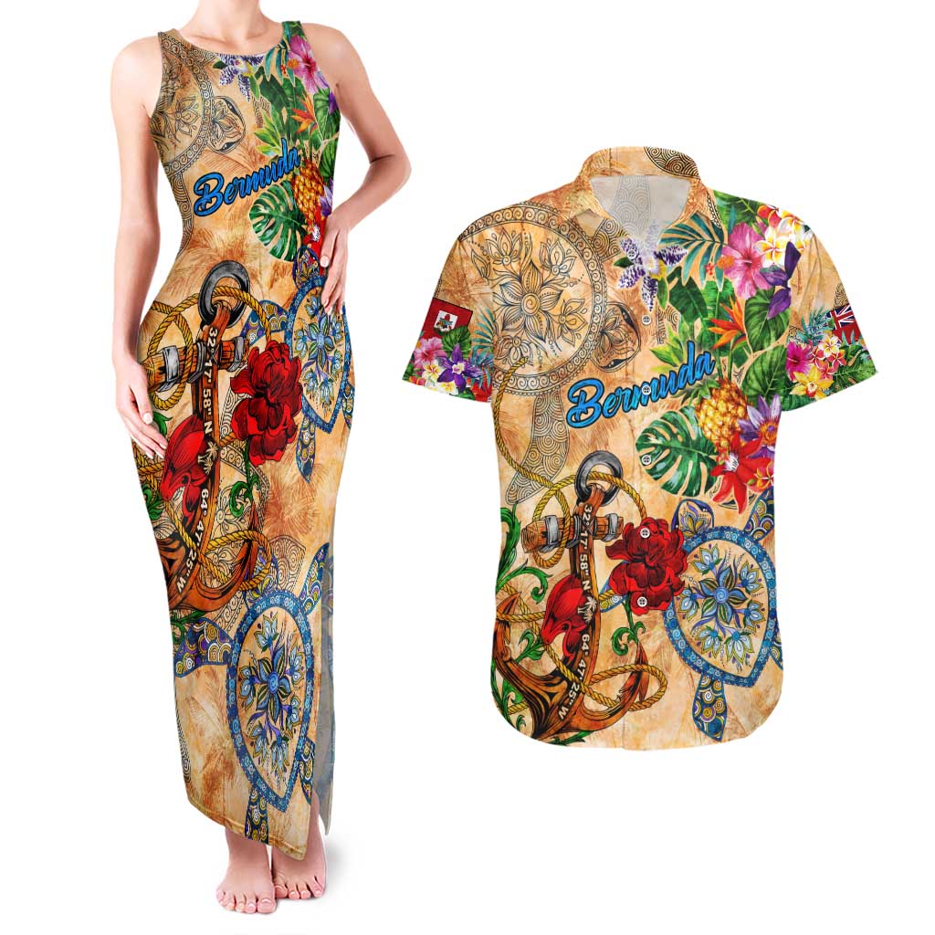 Bermuda Couples Matching Tank Maxi Dress and Hawaiian Shirt Geographic Coordinate Anchor - Turlte Tropical