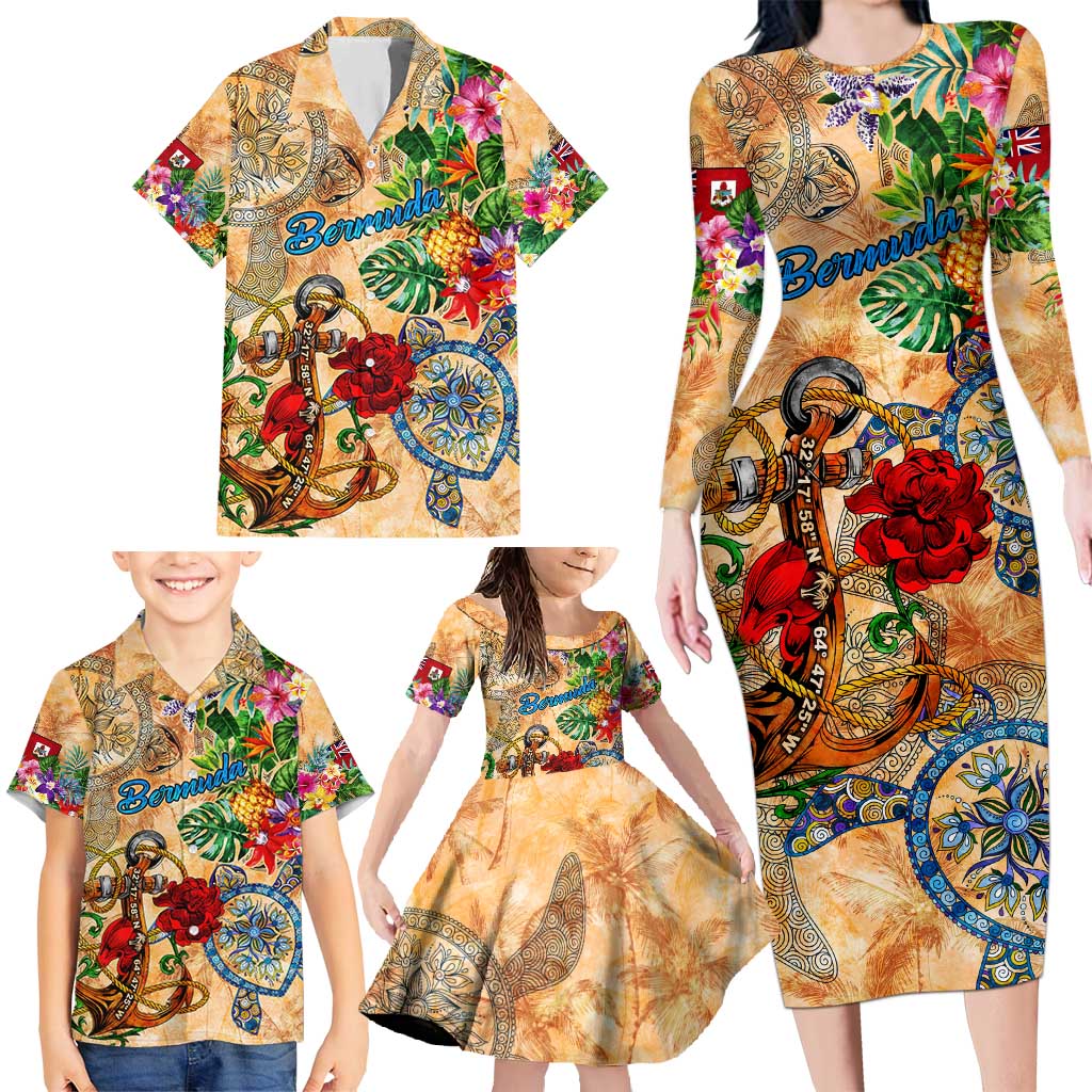 Bermuda Family Matching Long Sleeve Bodycon Dress and Hawaiian Shirt Geographic Coordinate Anchor - Turlte Tropical