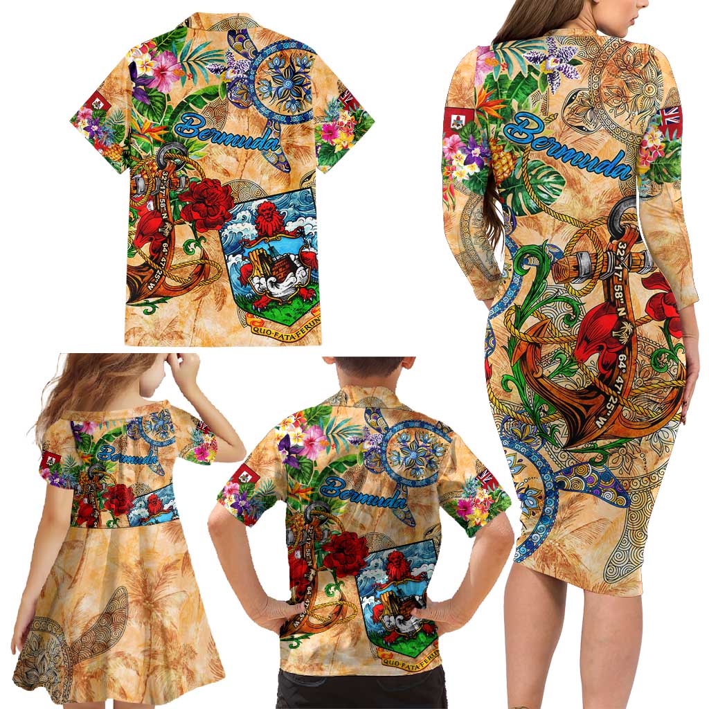 Bermuda Family Matching Long Sleeve Bodycon Dress and Hawaiian Shirt Geographic Coordinate Anchor - Turlte Tropical