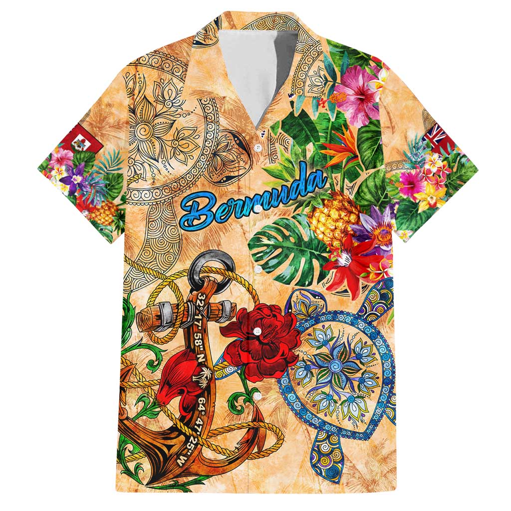 Bermuda Family Matching Long Sleeve Bodycon Dress and Hawaiian Shirt Geographic Coordinate Anchor - Turlte Tropical