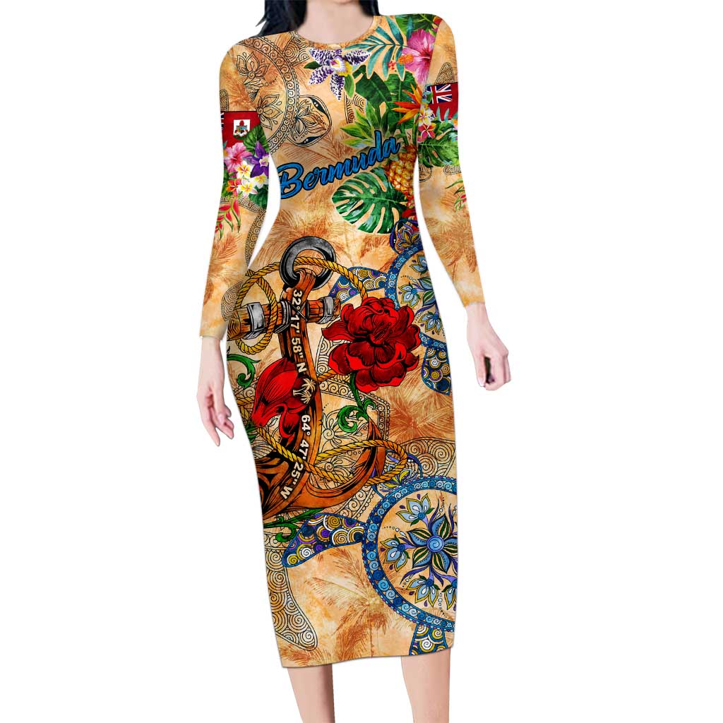 Bermuda Family Matching Long Sleeve Bodycon Dress and Hawaiian Shirt Geographic Coordinate Anchor - Turlte Tropical