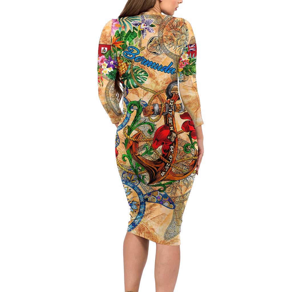 Bermuda Family Matching Long Sleeve Bodycon Dress and Hawaiian Shirt Geographic Coordinate Anchor - Turlte Tropical
