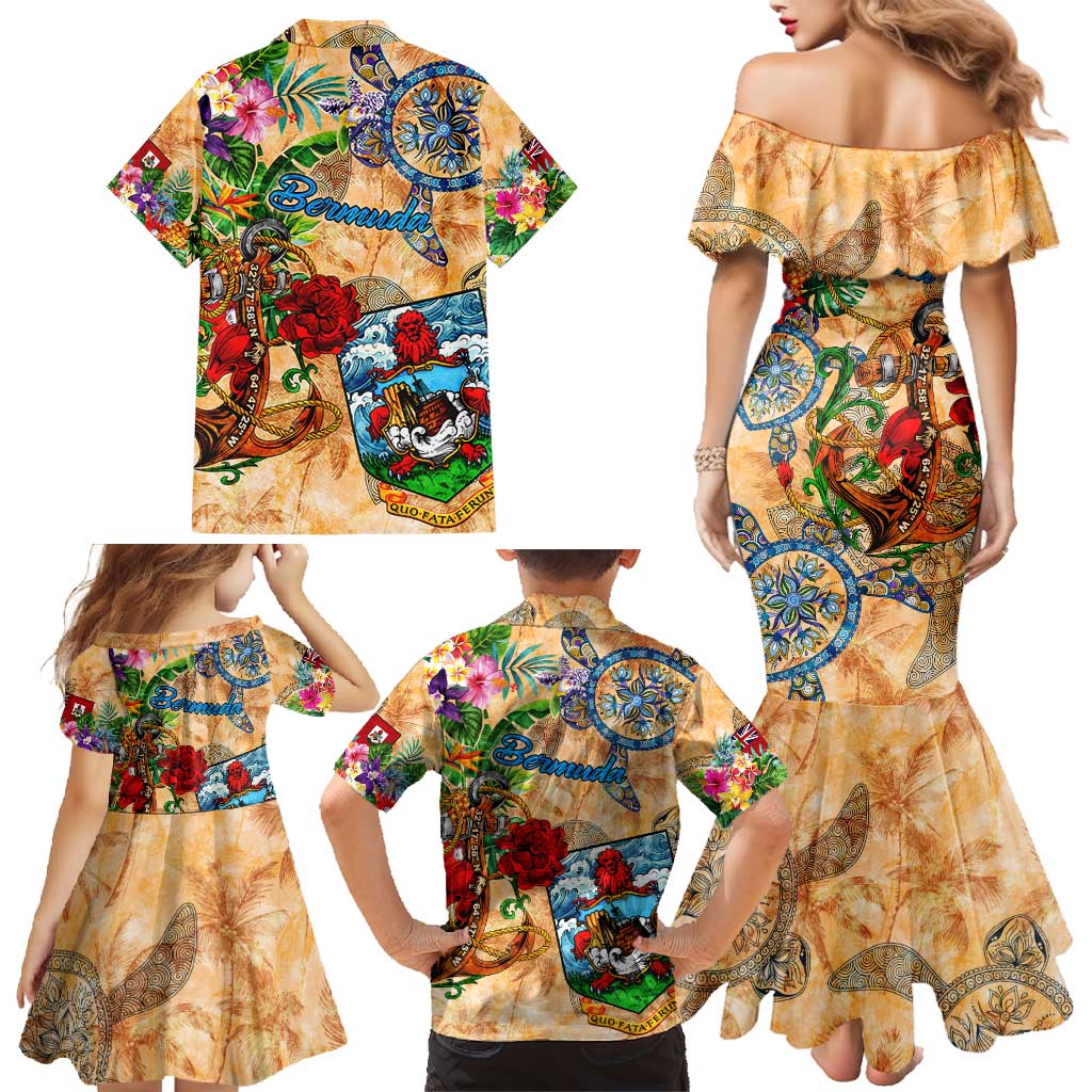 Bermuda Family Matching Mermaid Dress and Hawaiian Shirt Geographic Coordinate Anchor - Turlte Tropical