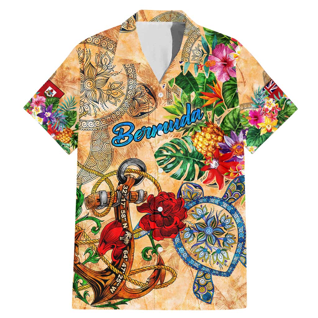 Bermuda Family Matching Mermaid Dress and Hawaiian Shirt Geographic Coordinate Anchor - Turlte Tropical
