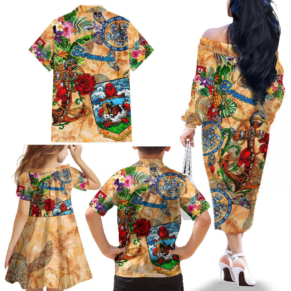 Bermuda Family Matching Off The Shoulder Long Sleeve Dress and Hawaiian Shirt Geographic Coordinate Anchor - Turlte Tropical
