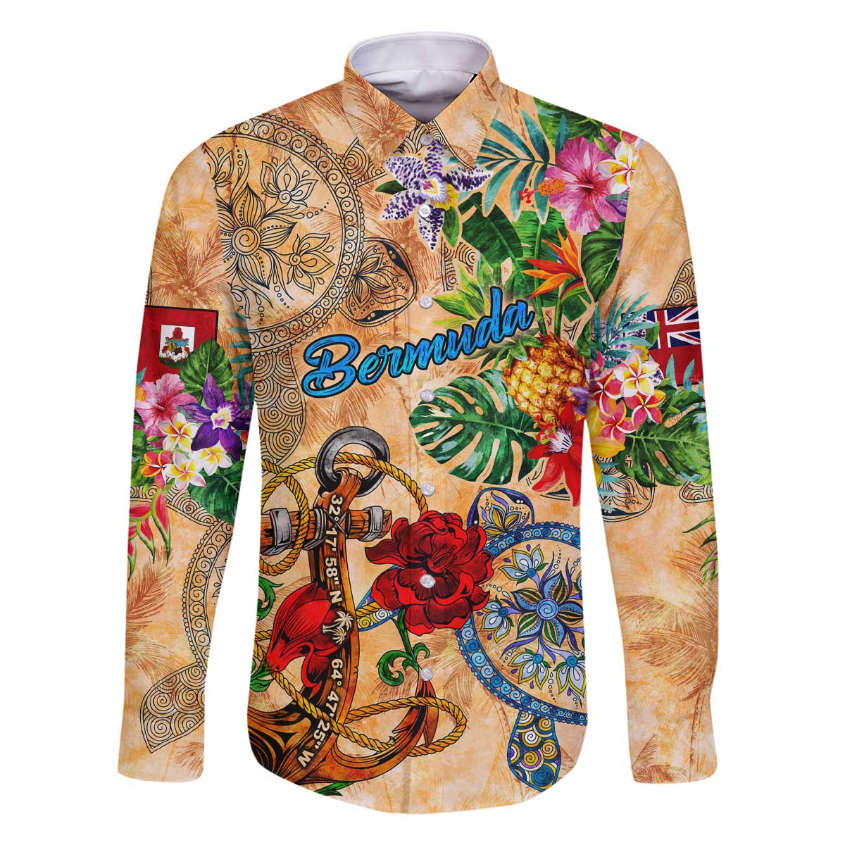 Bermuda Family Matching Off The Shoulder Long Sleeve Dress and Hawaiian Shirt Geographic Coordinate Anchor - Turlte Tropical